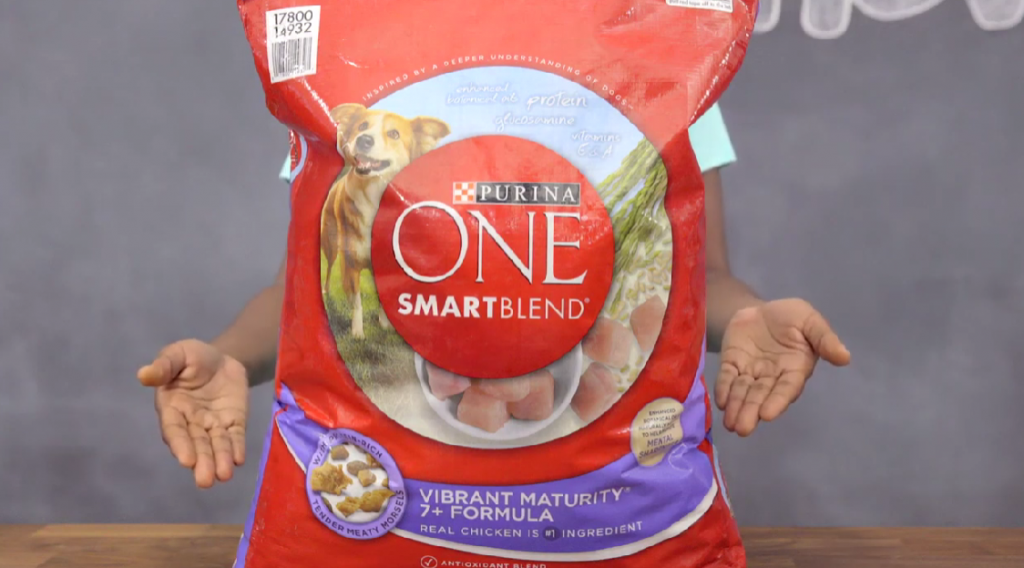 purina one smartblend dog food bag and hands pointing at it